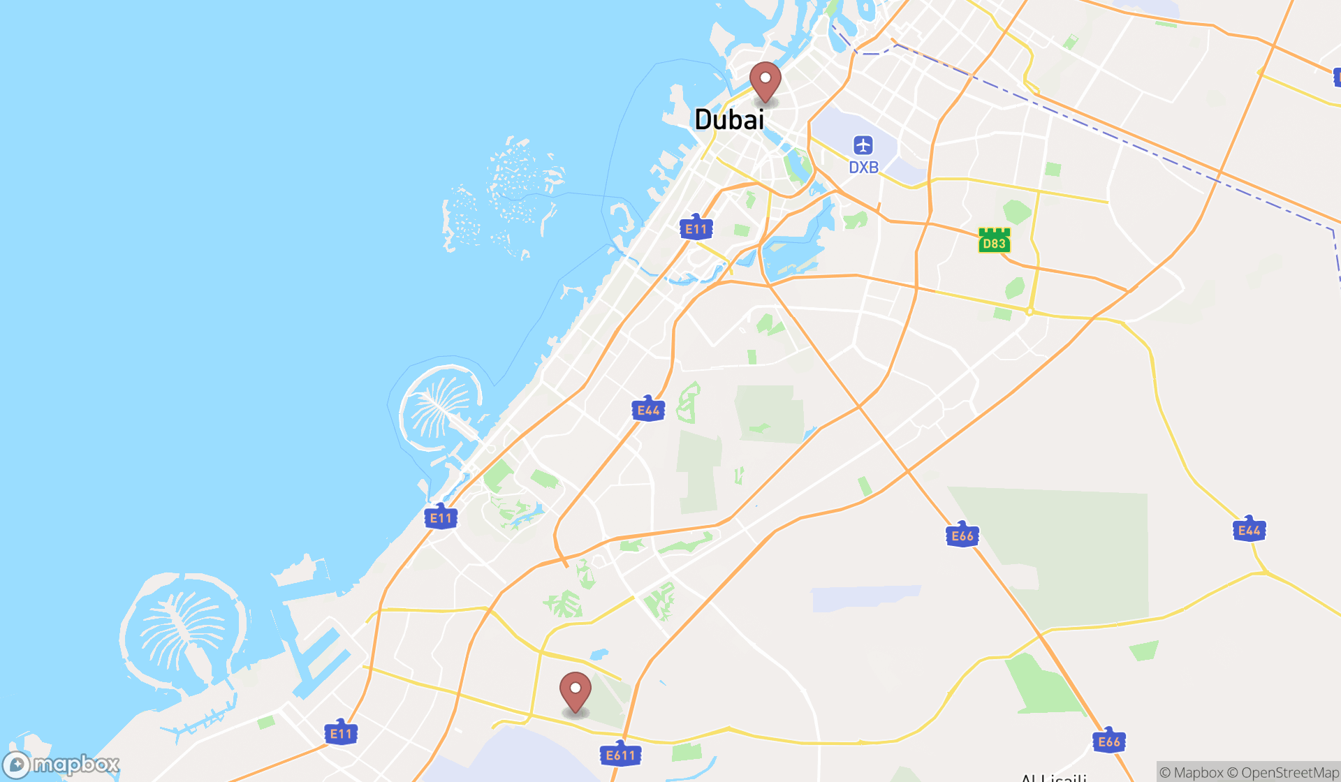 Map showing the search results in Dubai