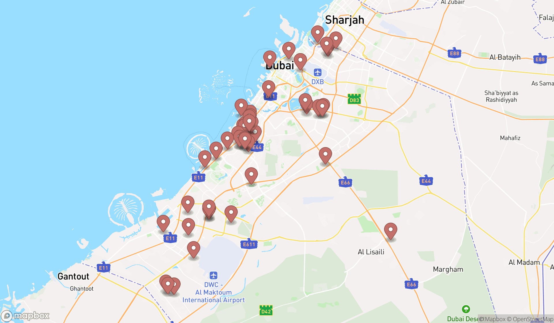Map showing the search results in Dubai