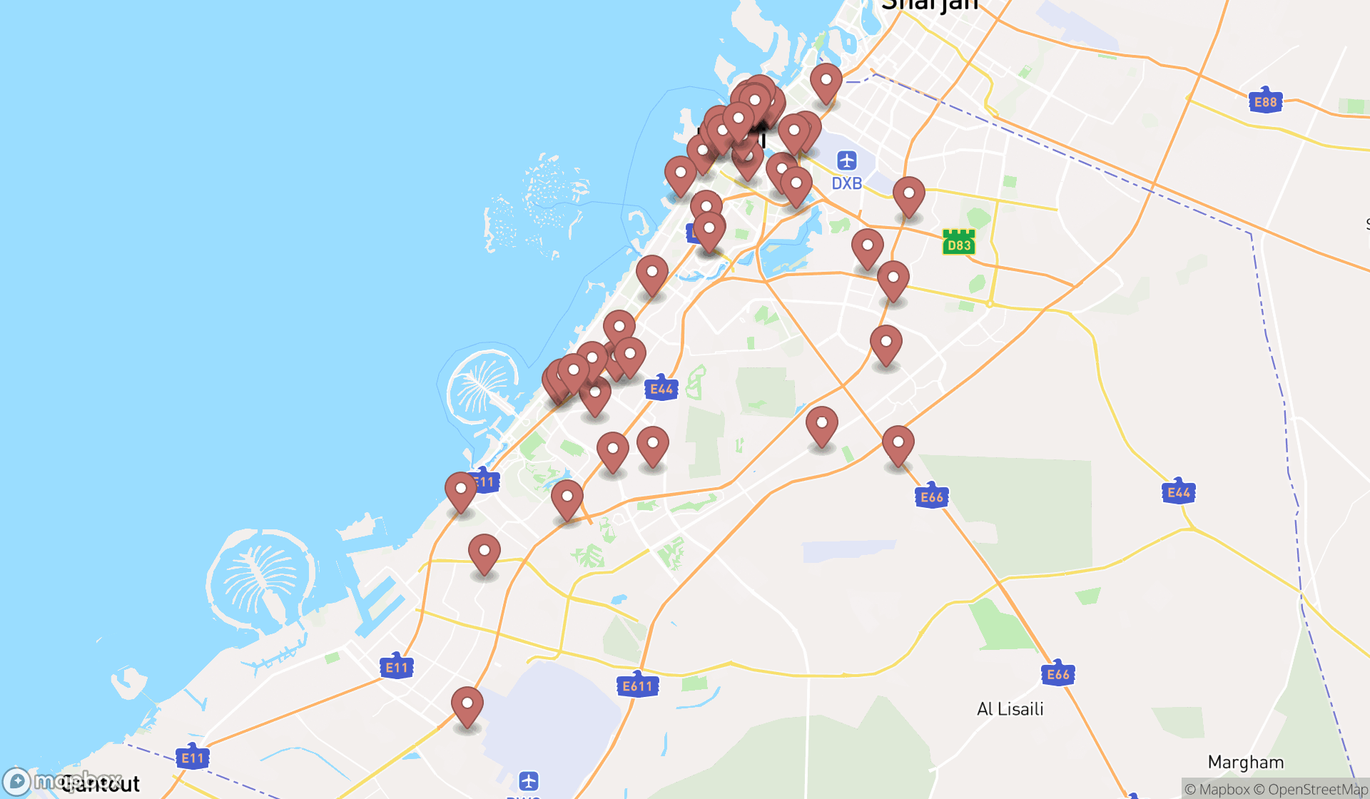 Map showing the search results in Dubai