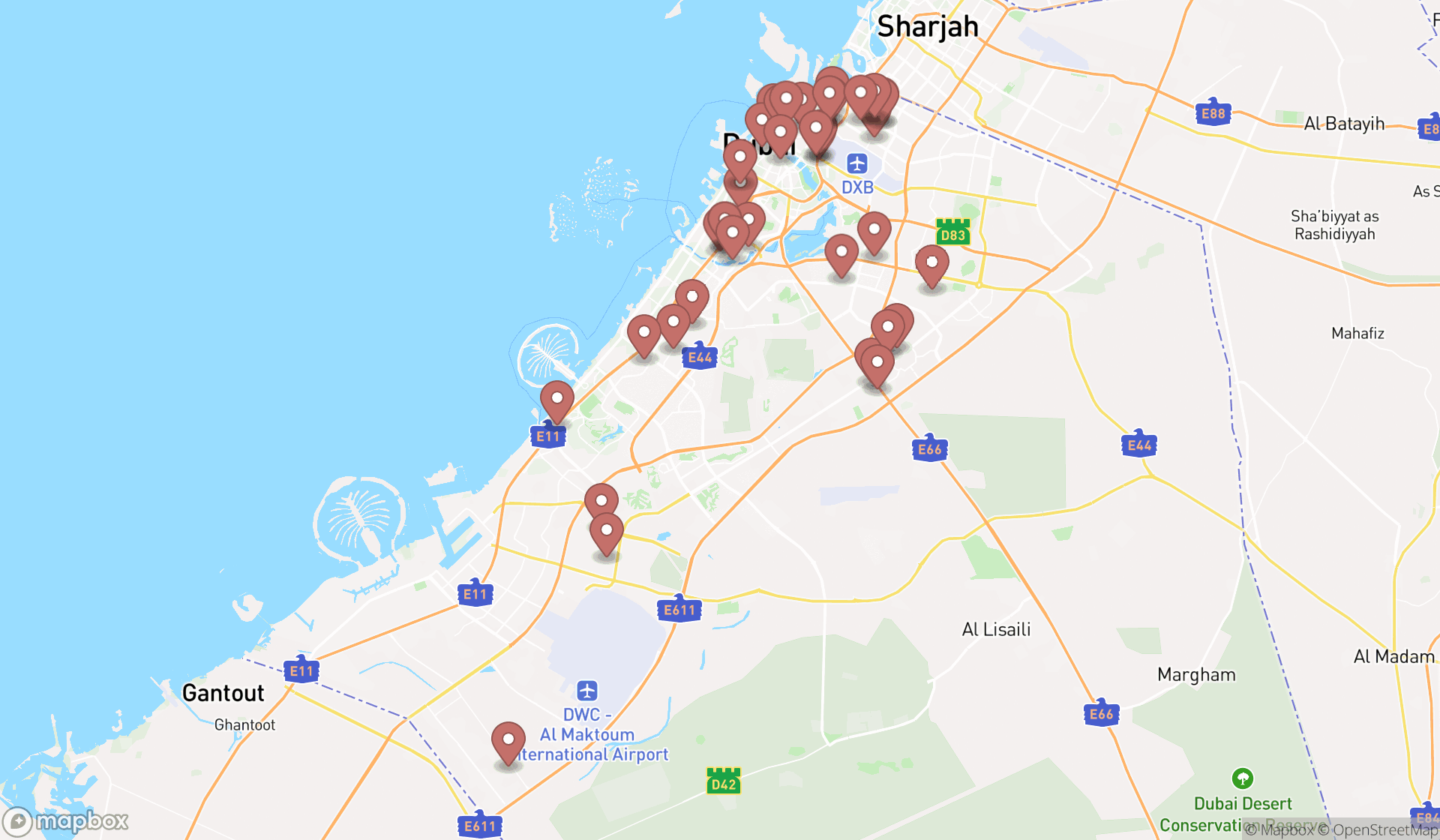 Map showing the search results in Dubai