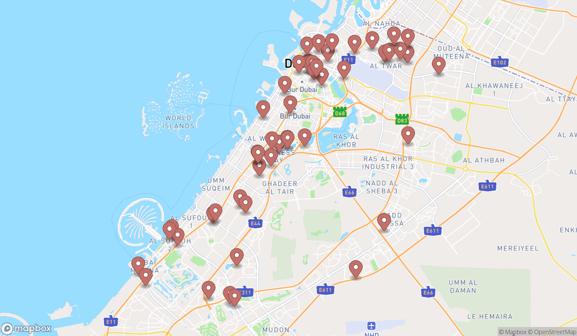 Map showing the search results in Dubai