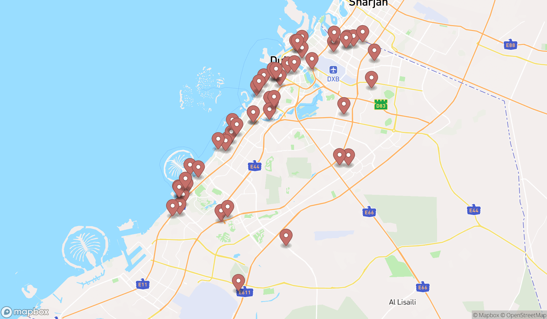 Map showing the search results in Dubai