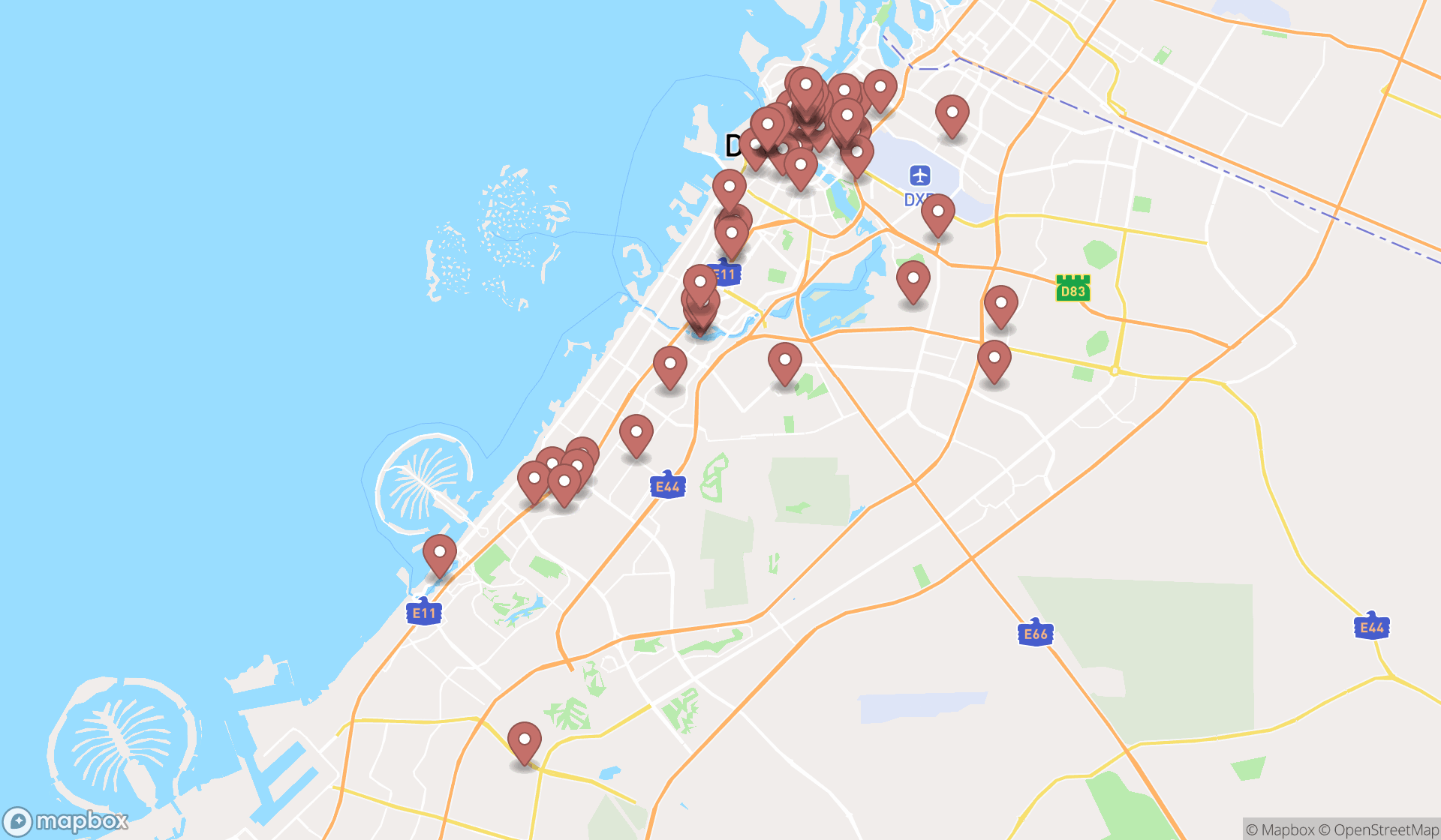 Map showing the search results in Dubai