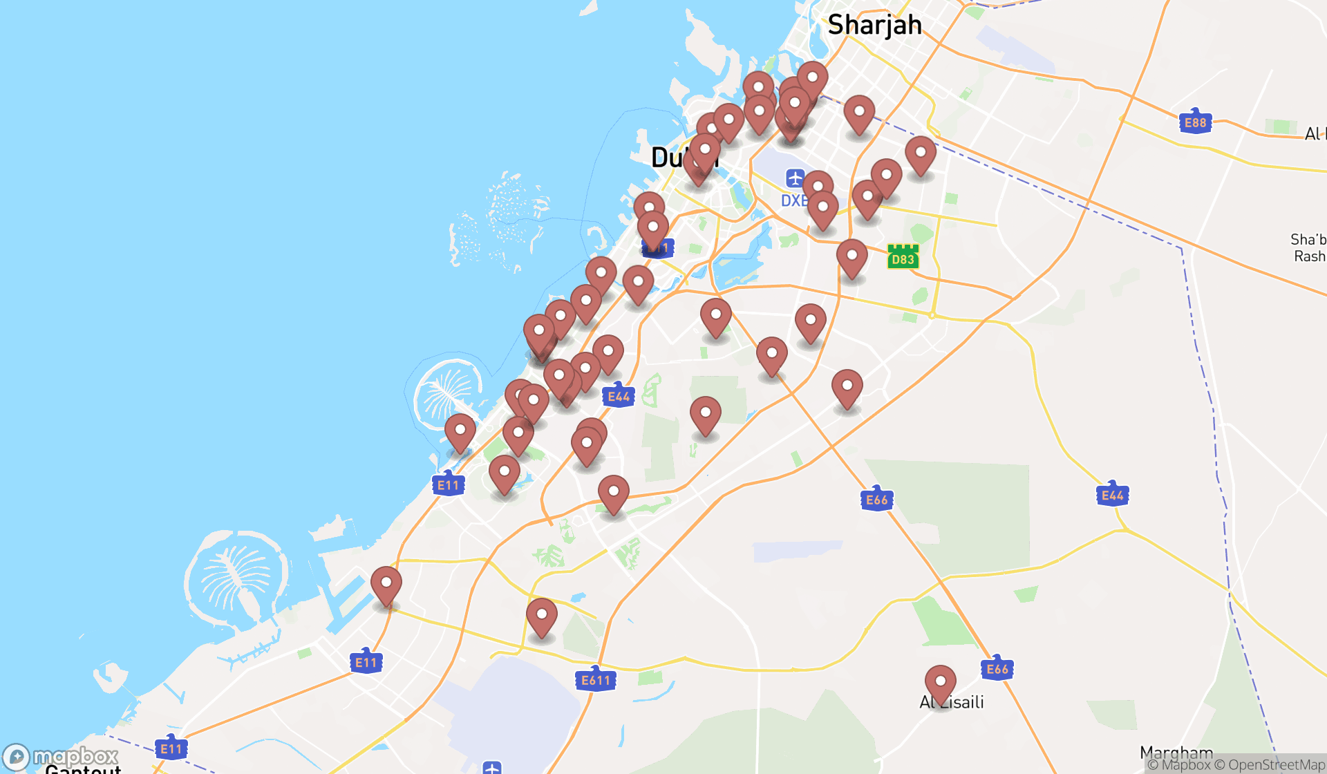 Map showing the search results in Dubai