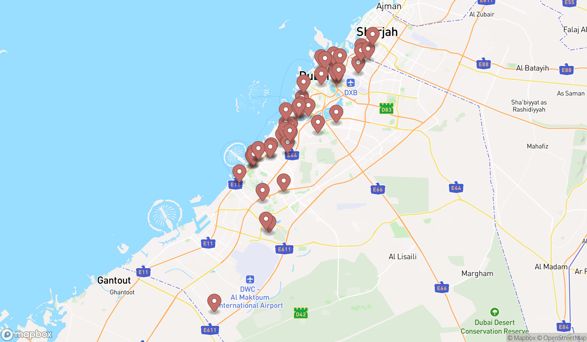 Map showing the search results in Dubai
