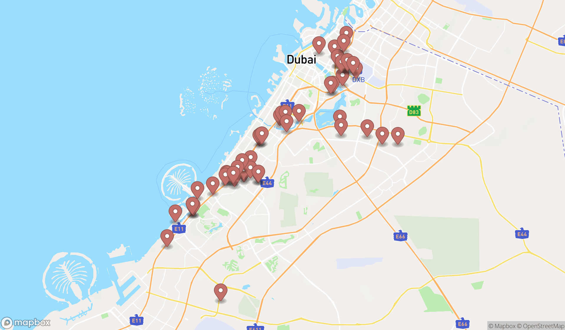 Map showing the search results in Dubai