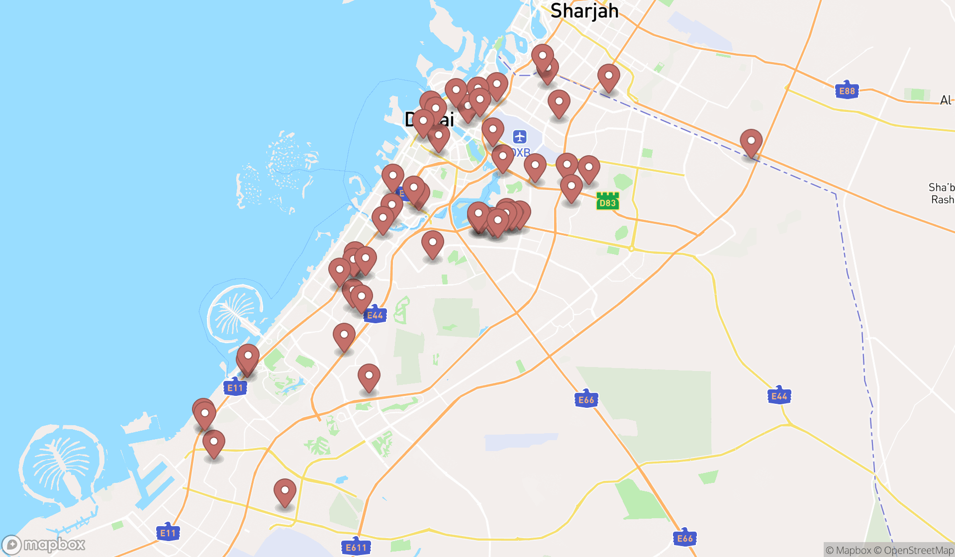 Map showing the search results in Dubai