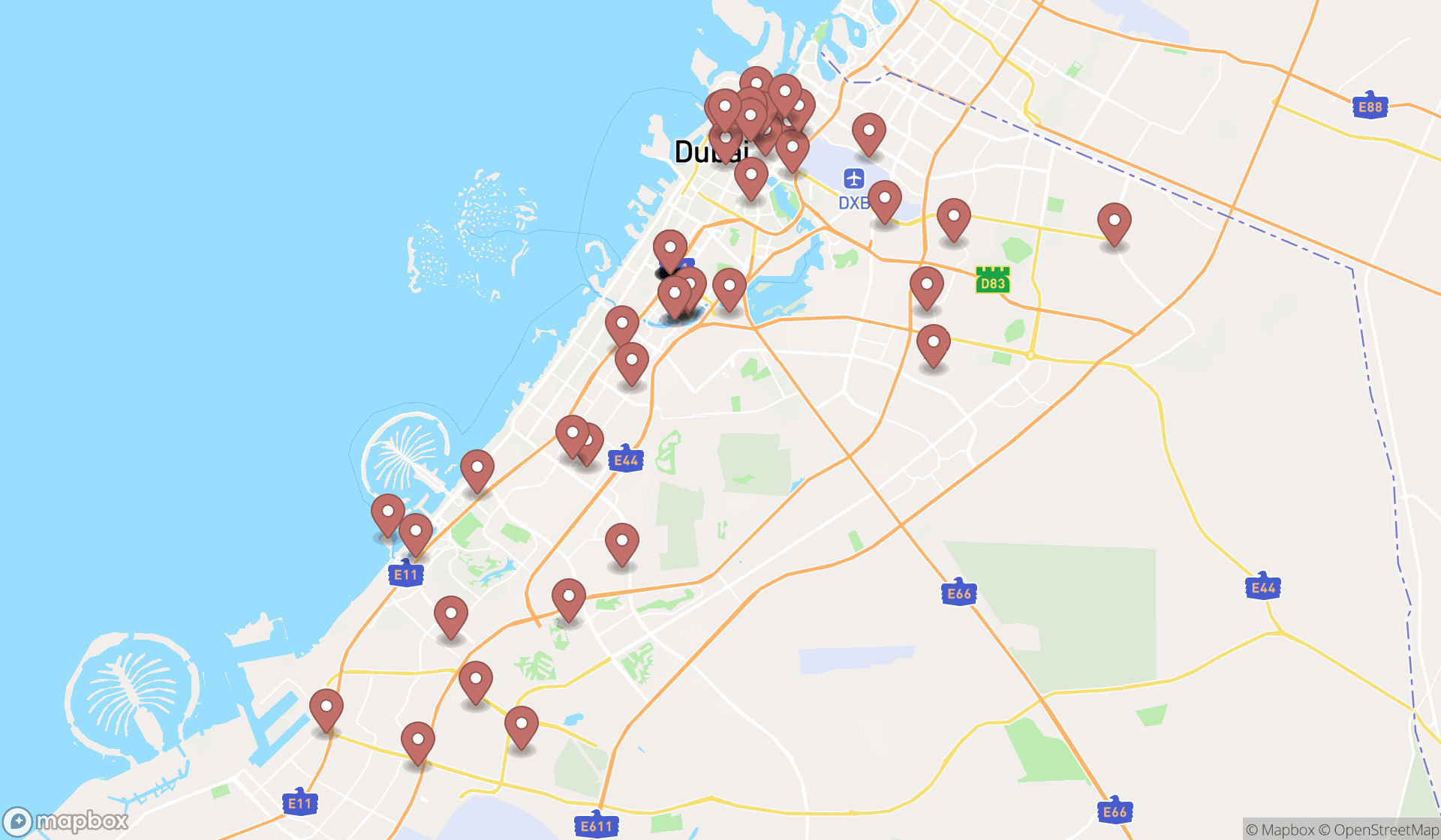 Map showing the search results in Dubai