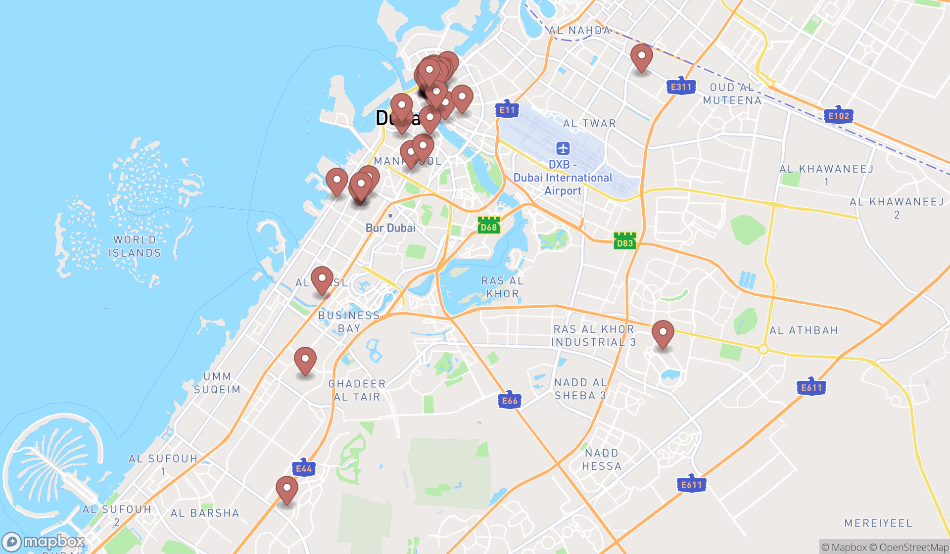 Map showing the search results in Dubai
