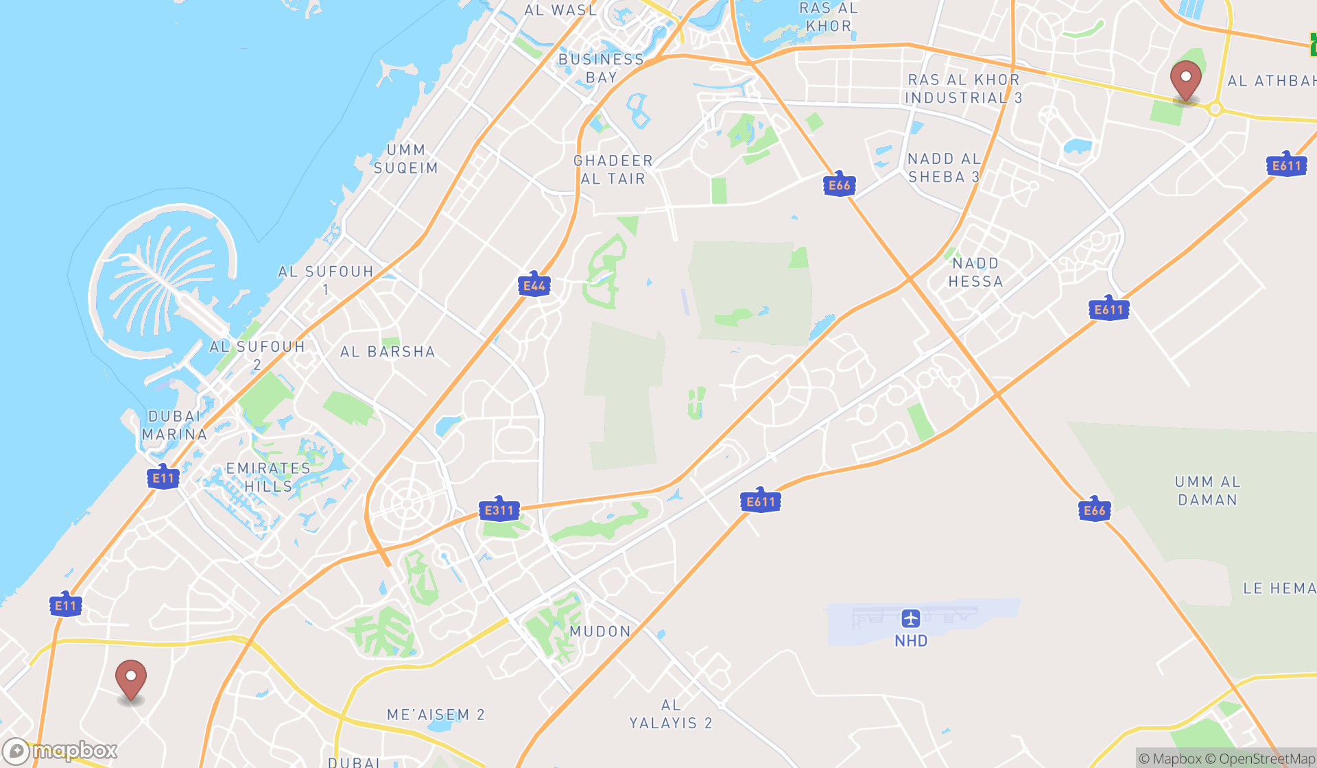 Map showing the search results in Dubai