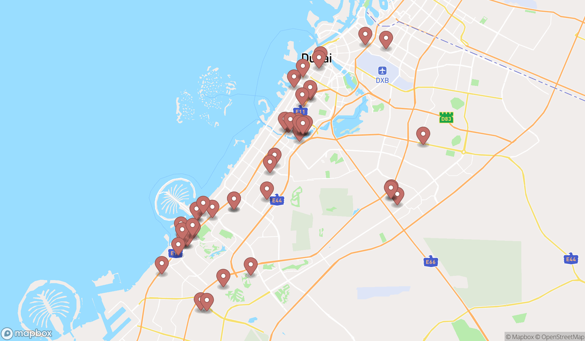 Map showing the search results in Dubai