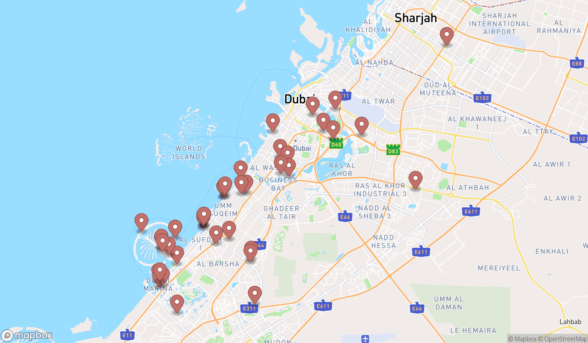 Map showing the search results in Dubai