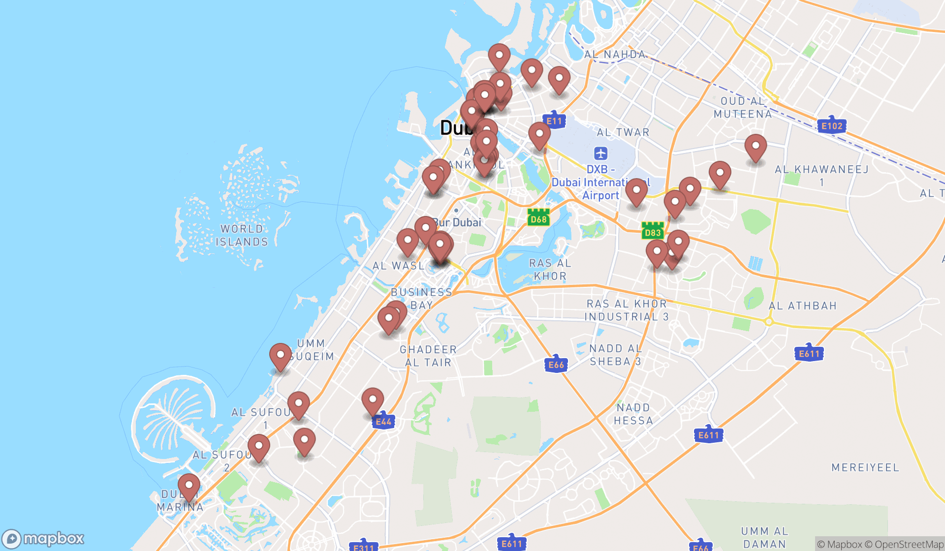 Map showing the search results in Dubai
