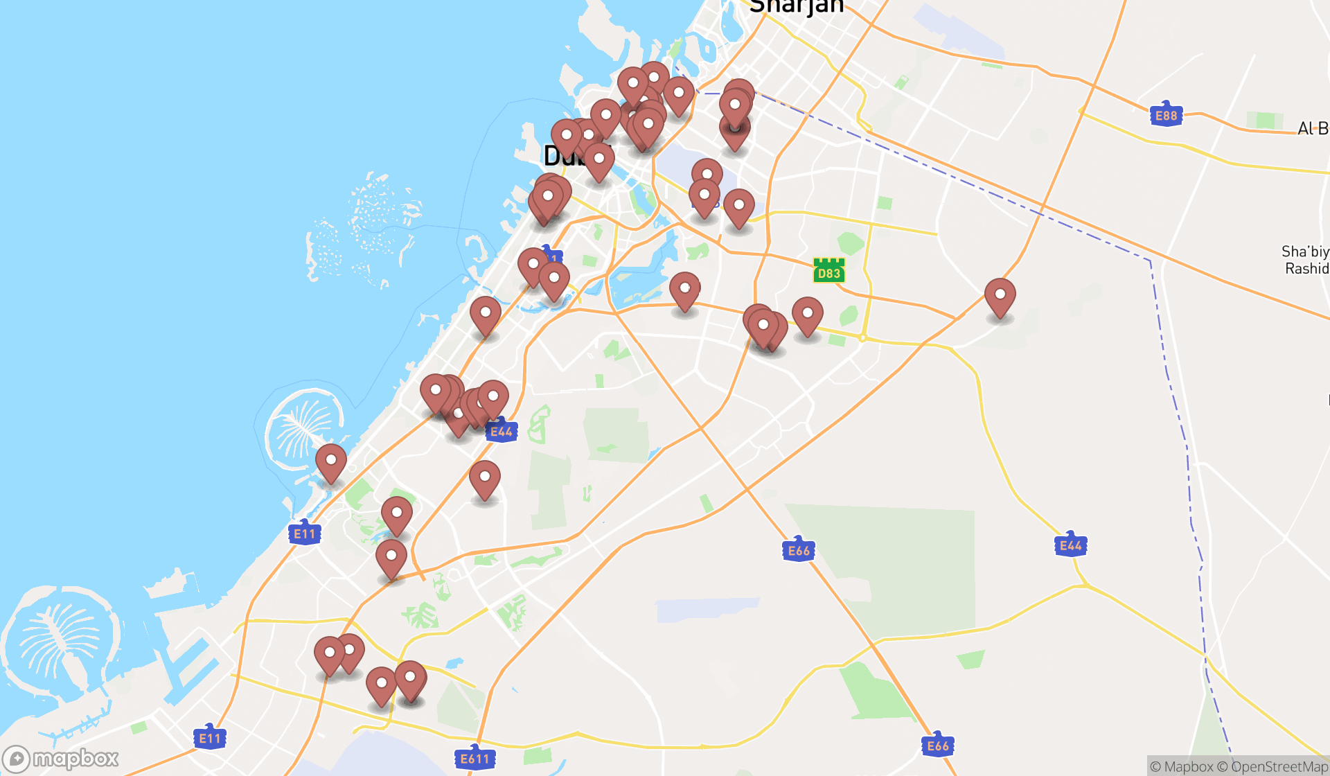 Map showing the search results in Dubai