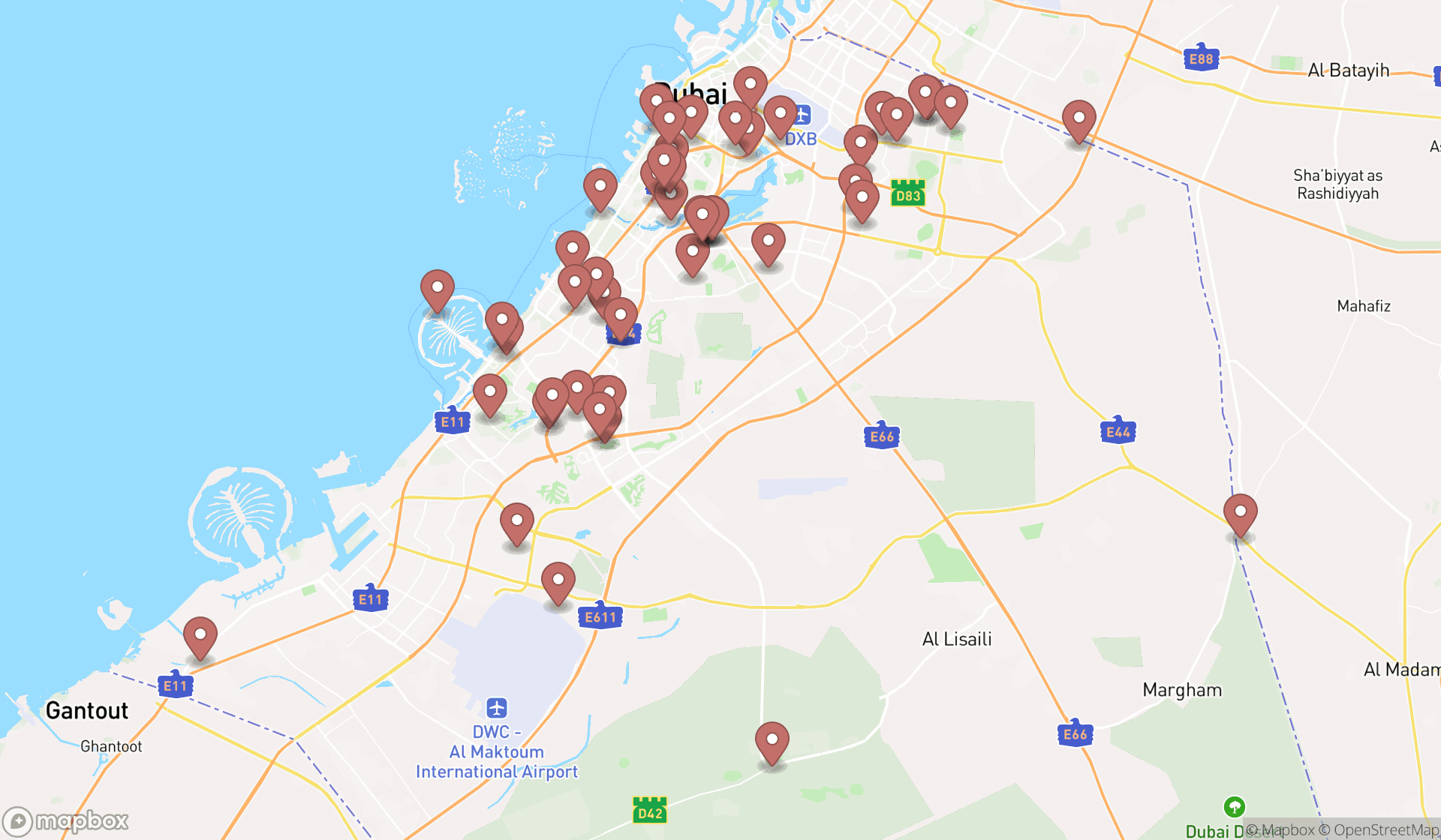 Map showing the search results in Dubai