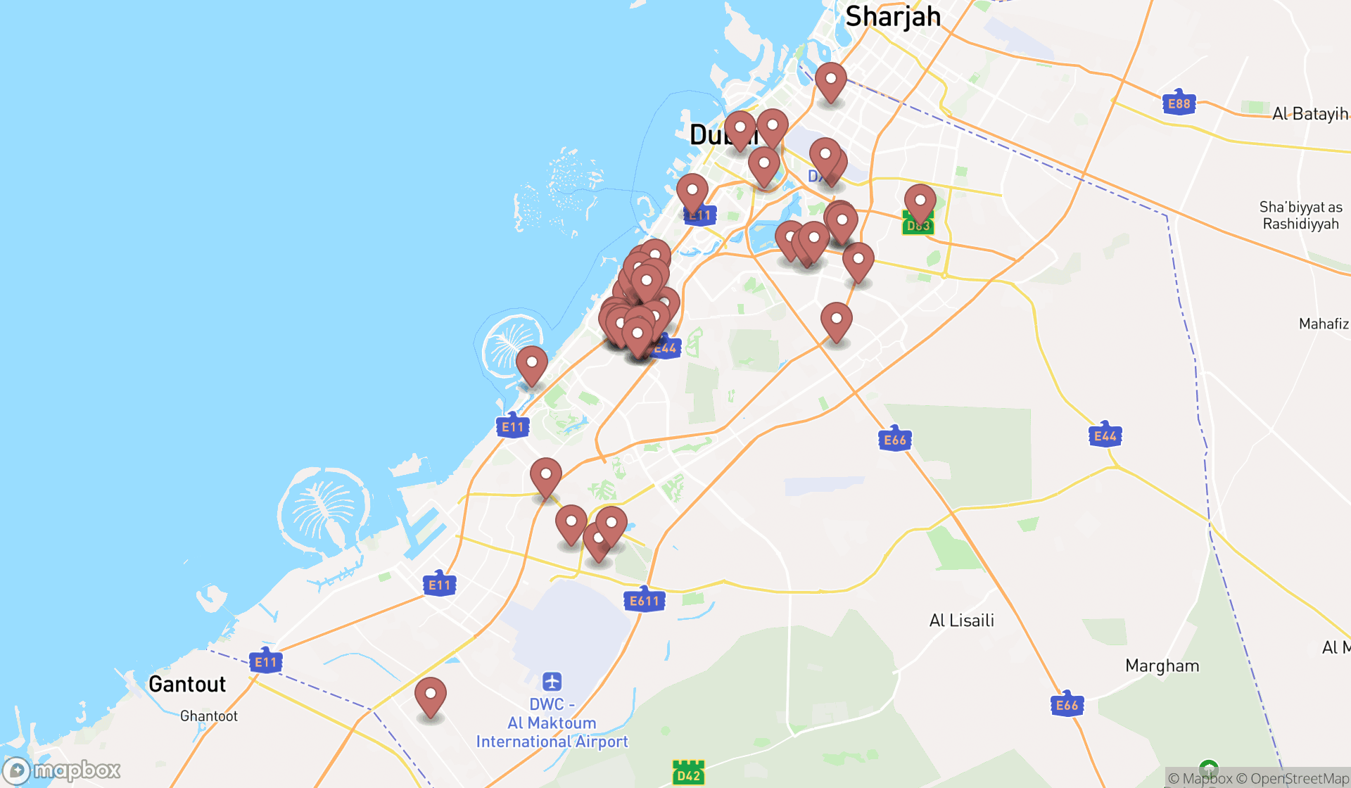 Map showing the search results in Dubai