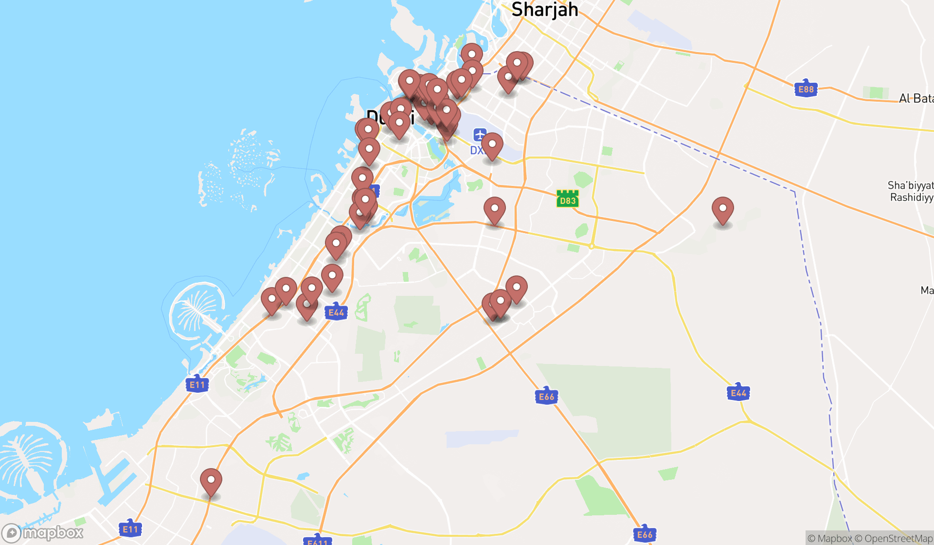Map showing the search results in Dubai