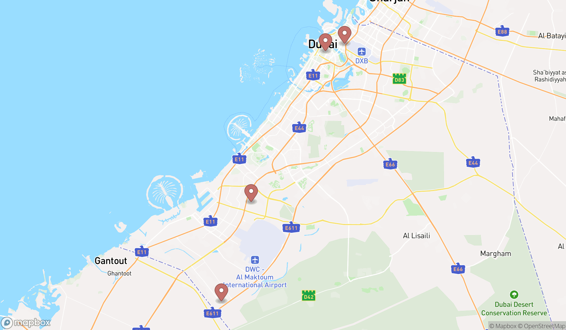 Map showing the search results in Dubai