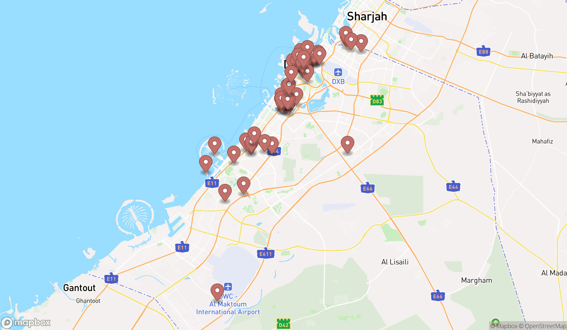 Map showing the search results in Dubai