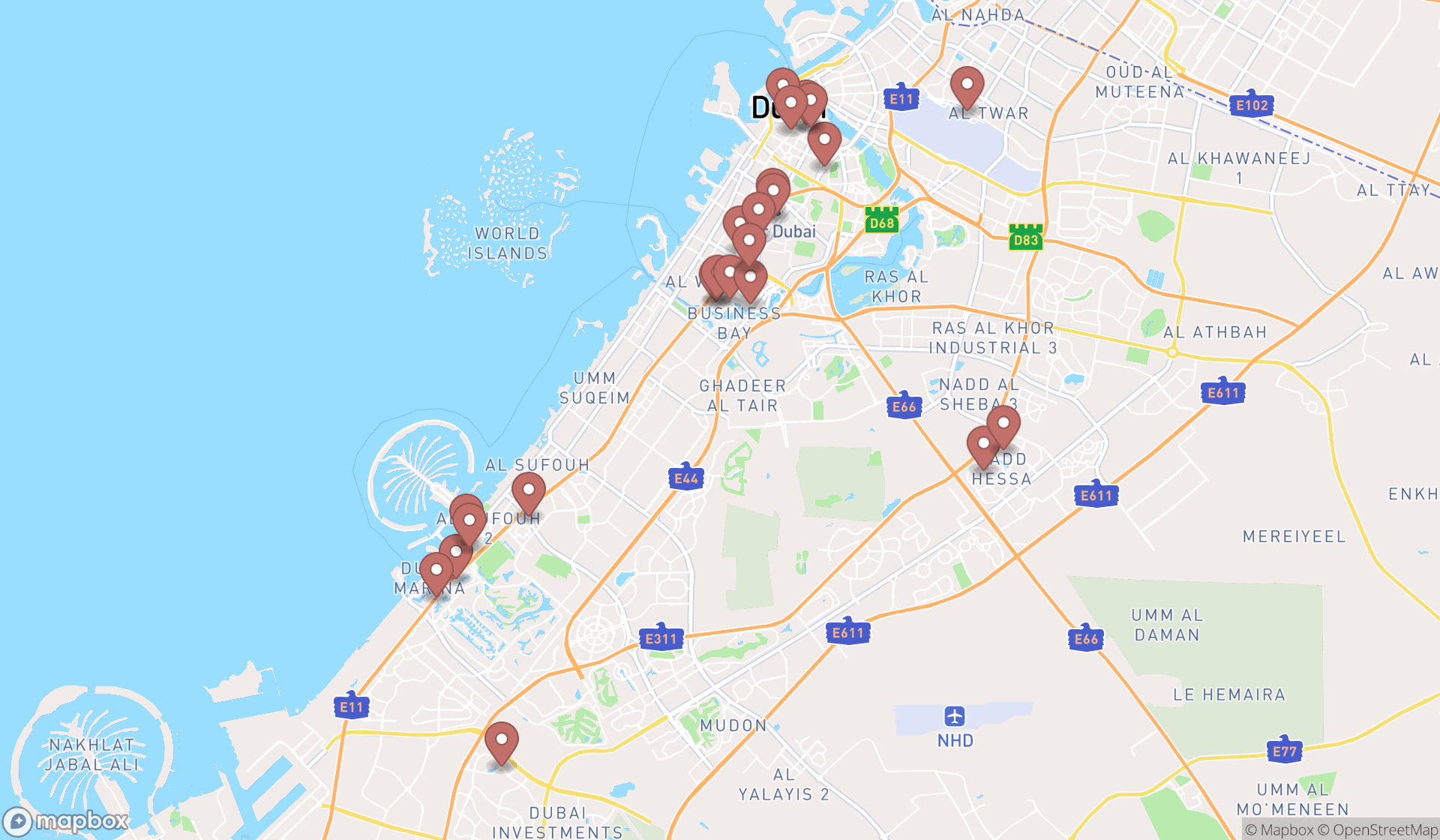 Map showing the search results in Dubai