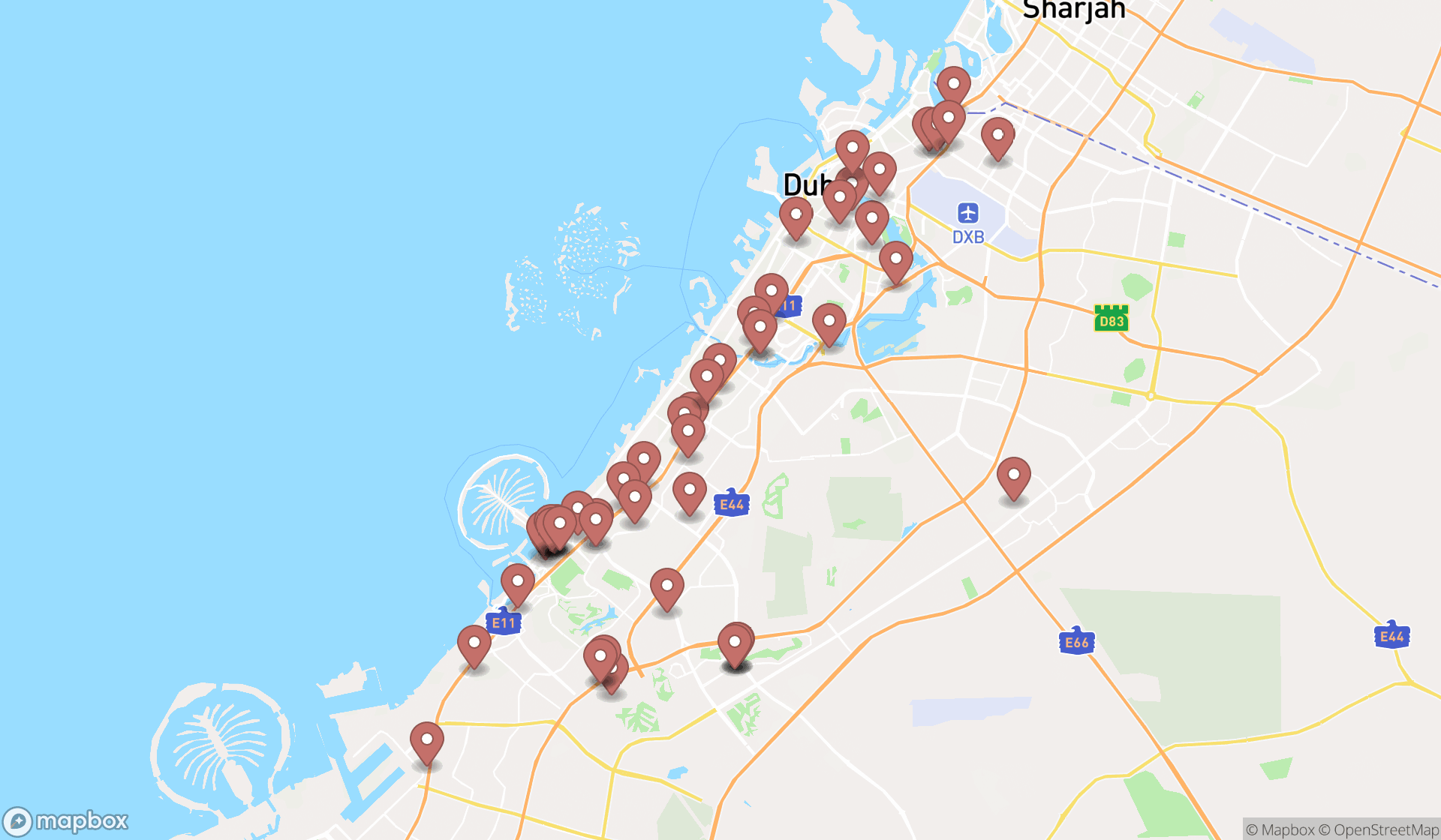 Map showing the search results in Dubai