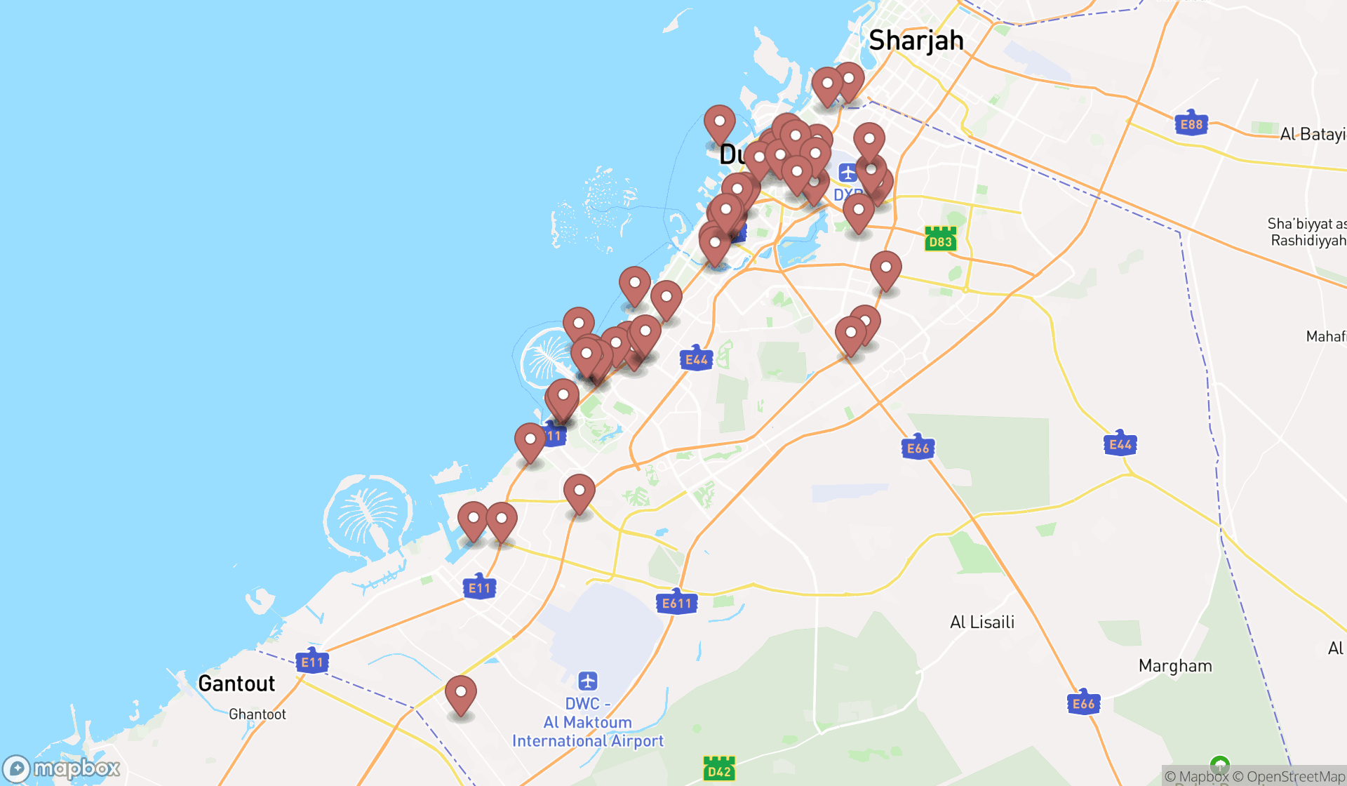 Map showing the search results in Dubai