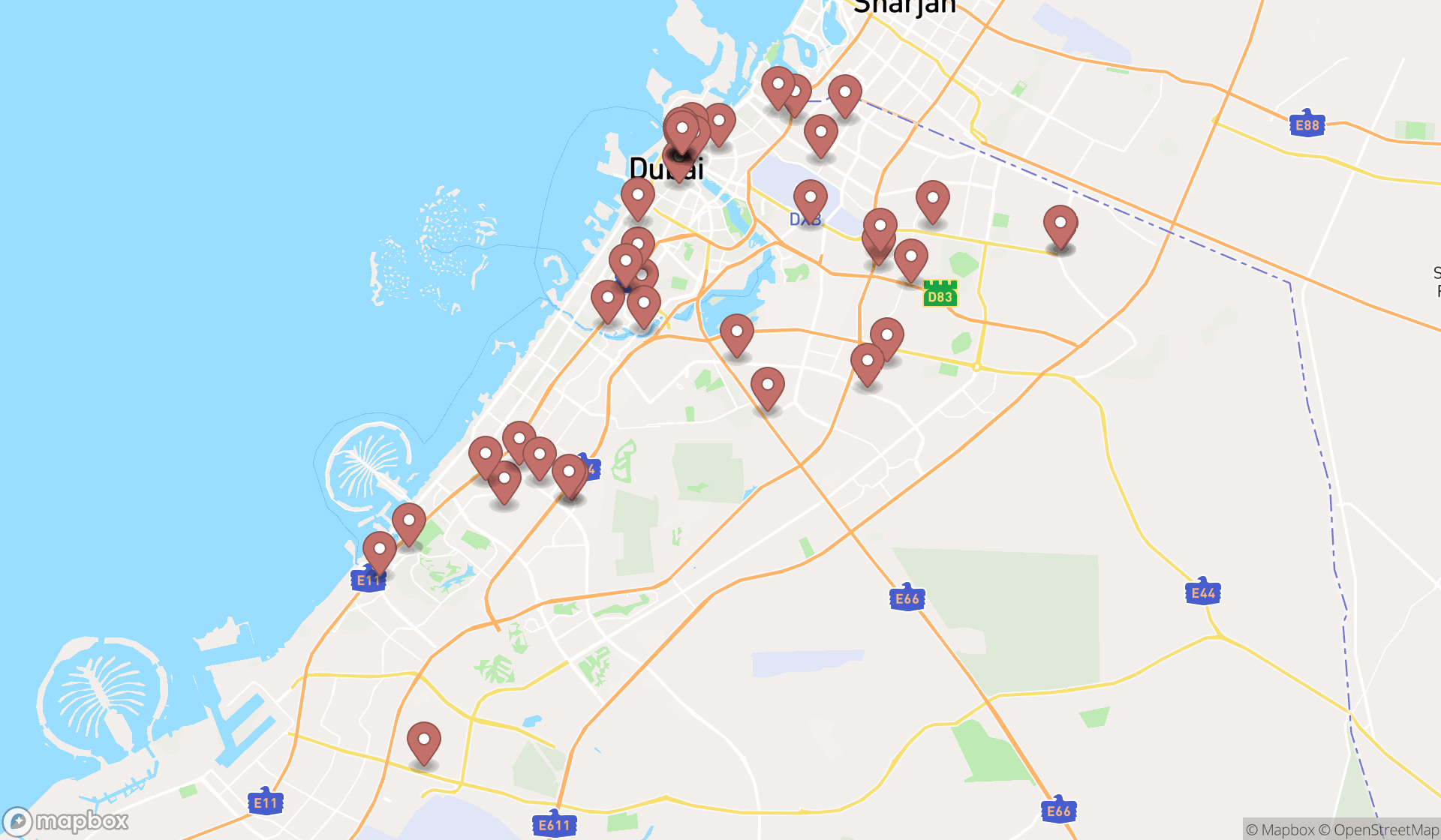 Map showing the search results in Dubai