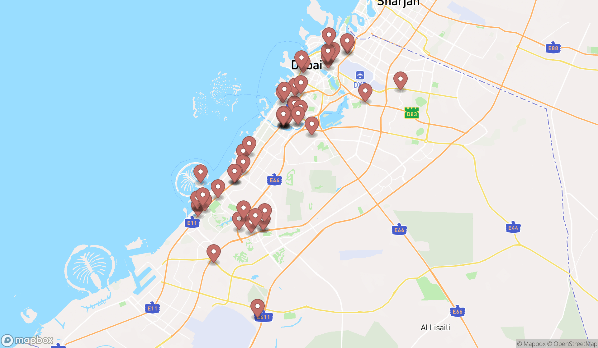 Map showing the search results in Dubai