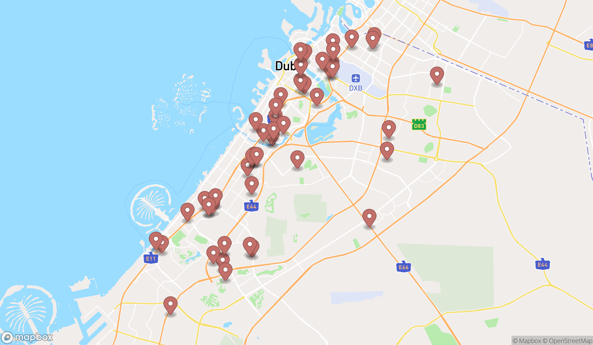 Map showing the search results in Dubai