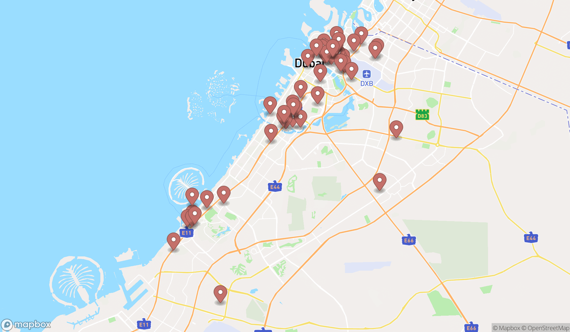 Map showing the search results in Dubai