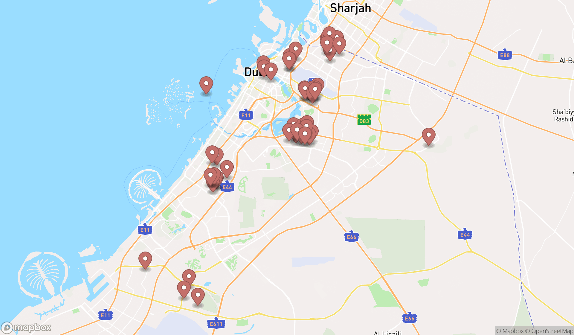 Map showing the search results in Dubai
