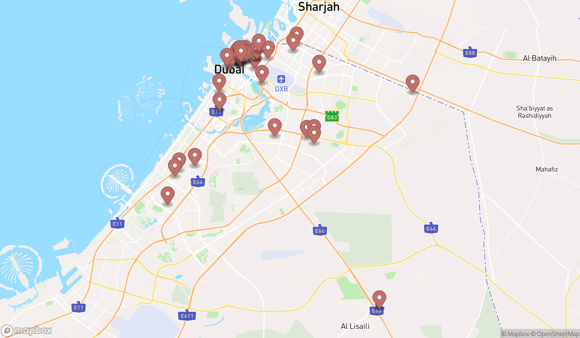Map showing the search results in Dubai