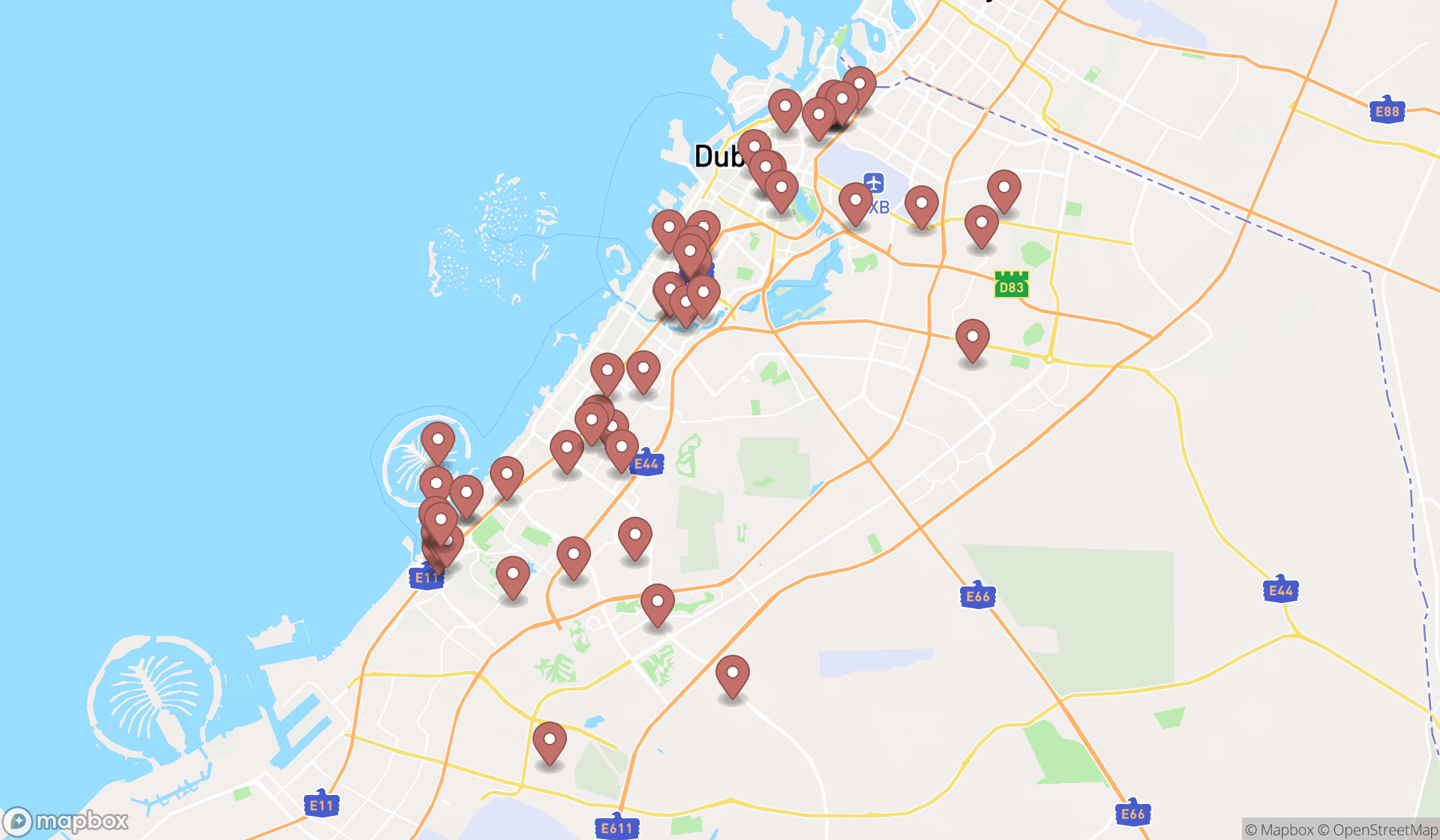Map showing the search results in Dubai