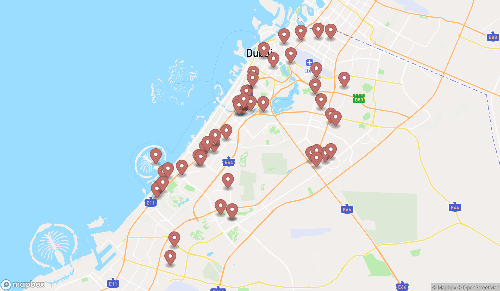 Map showing the search results in Dubai
