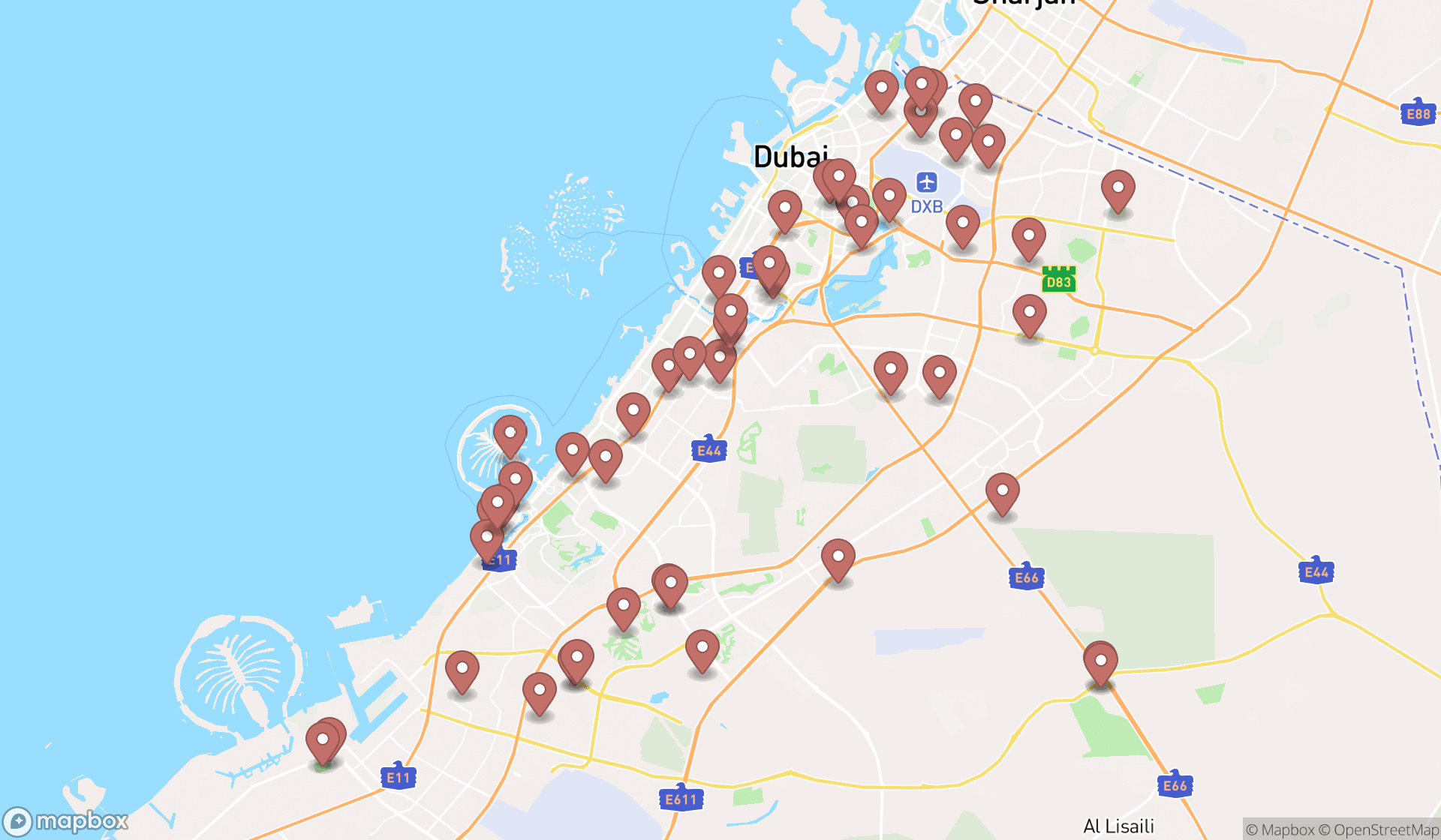 Map showing the search results in Dubai