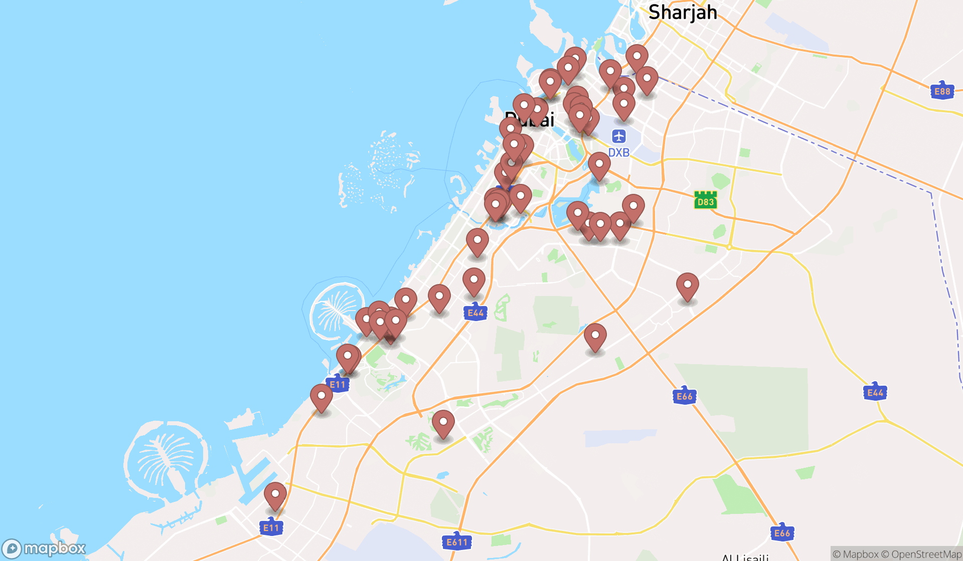Map showing the search results in Dubai