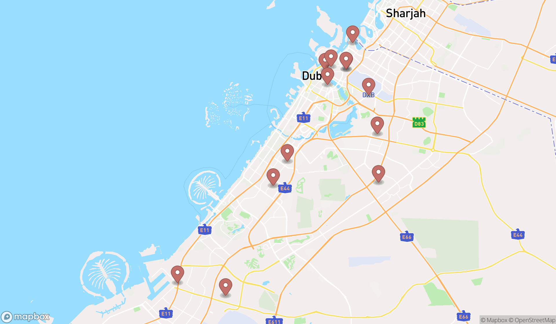Map showing the search results in Dubai