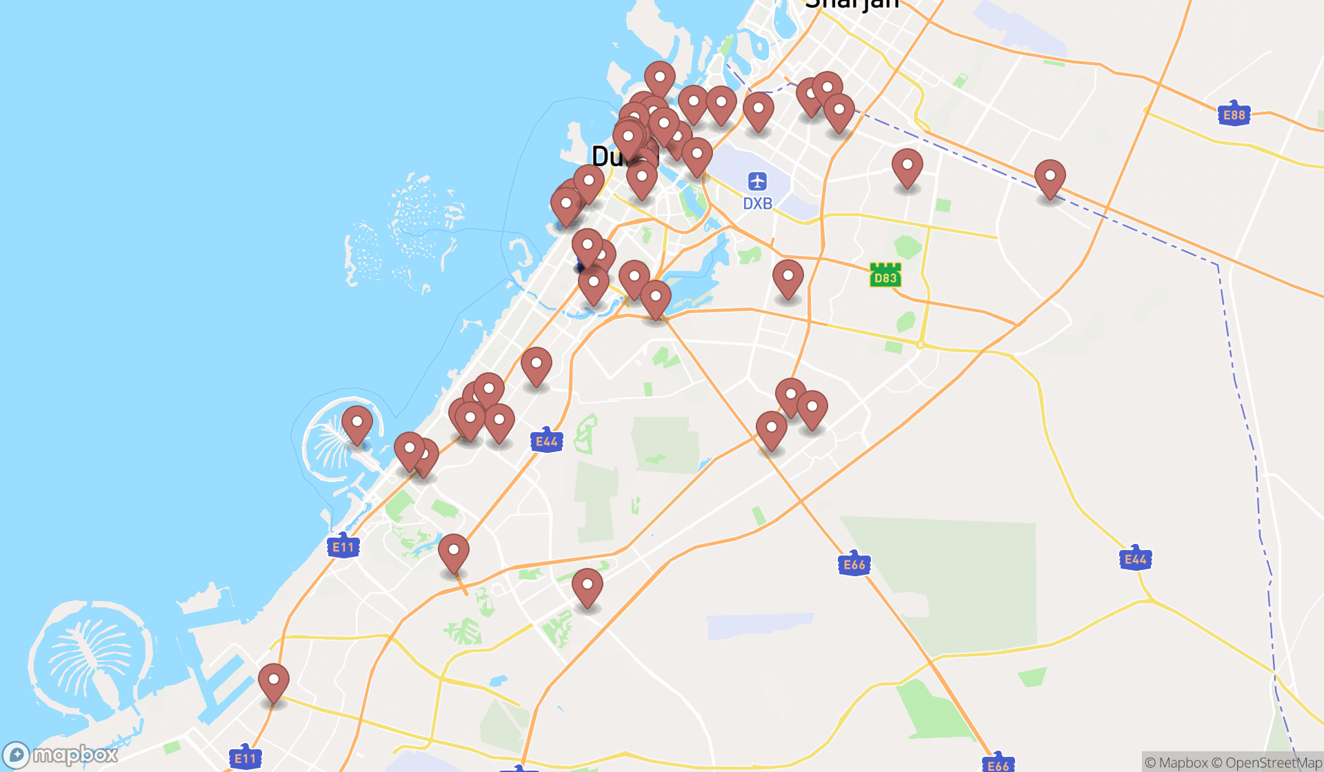 Map showing the search results in Dubai