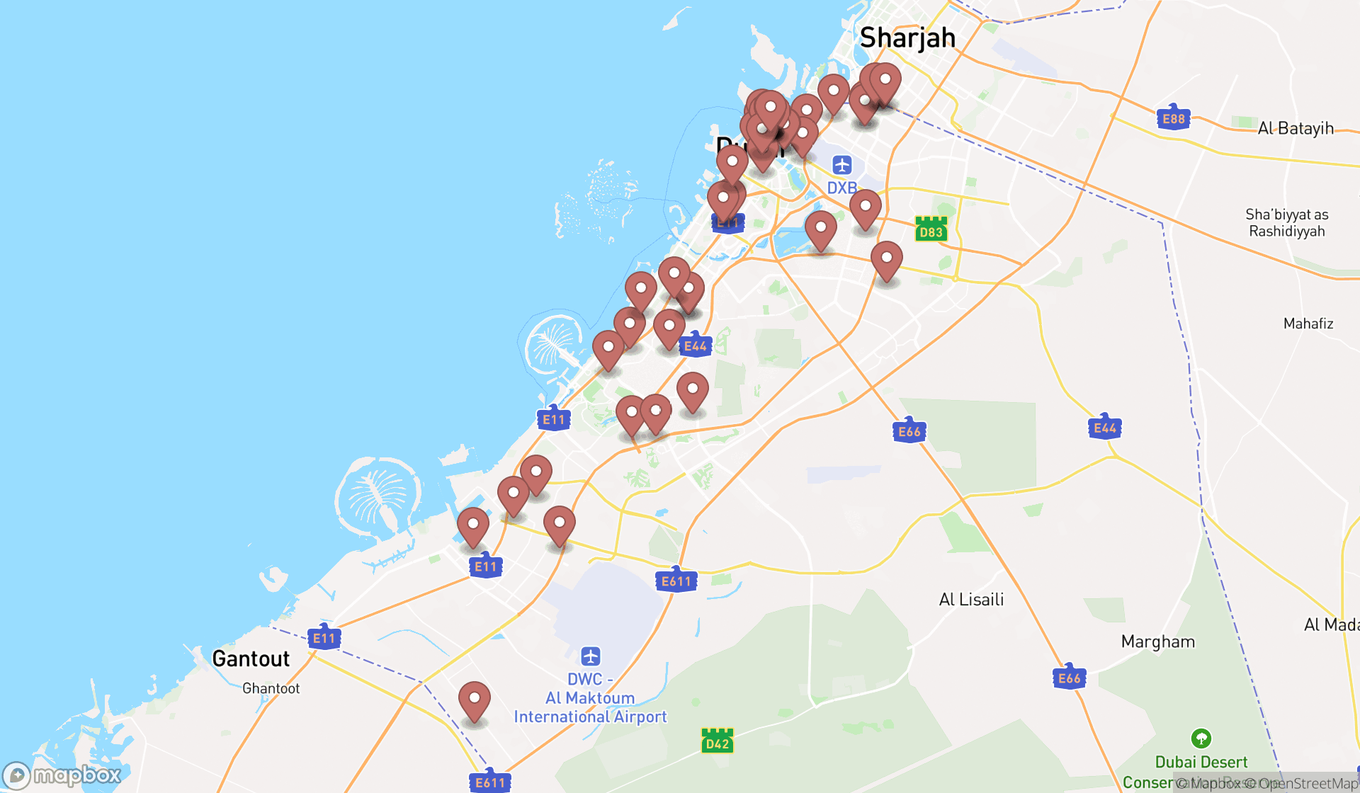 Map showing the search results in Dubai