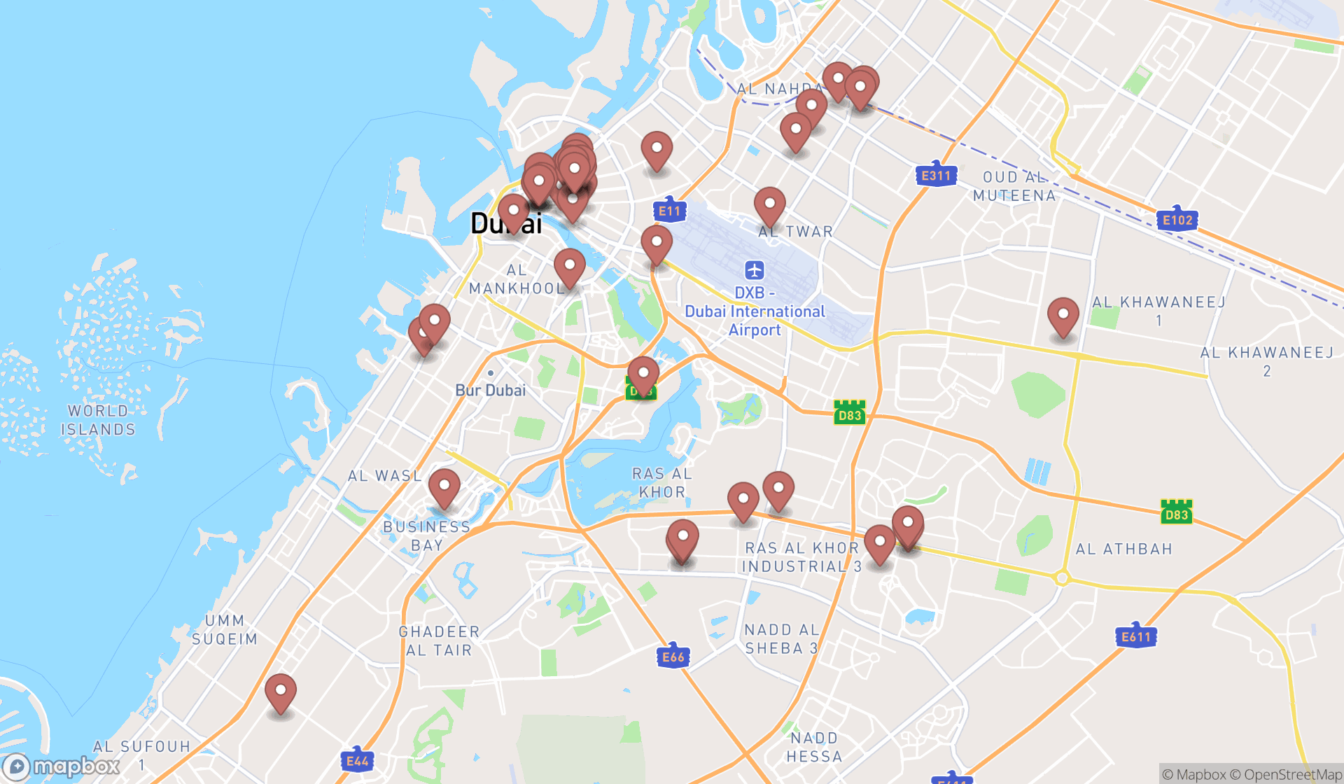 Map showing the search results in Dubai