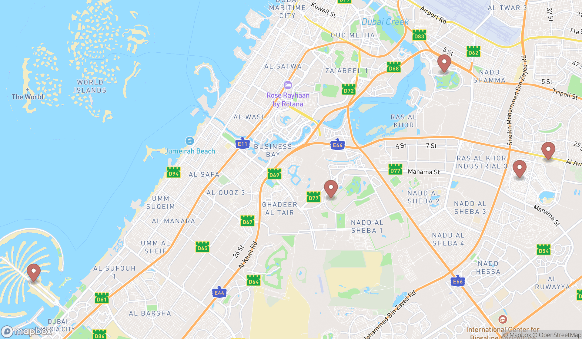 Map showing the search results in Dubai