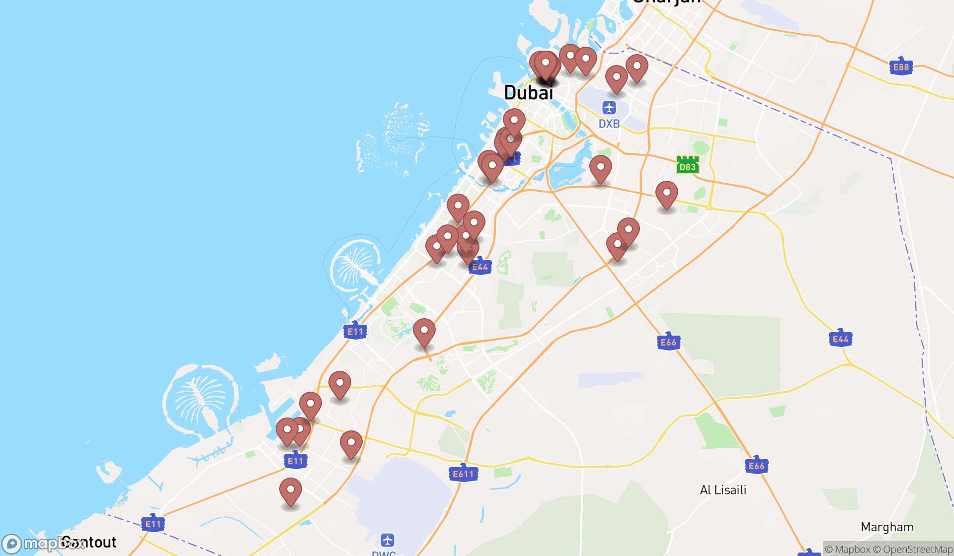 Map showing the search results in Dubai