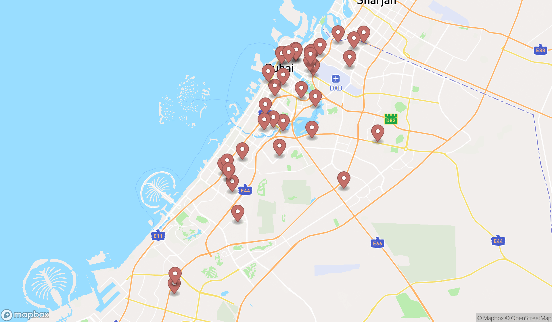Map showing the search results in Dubai