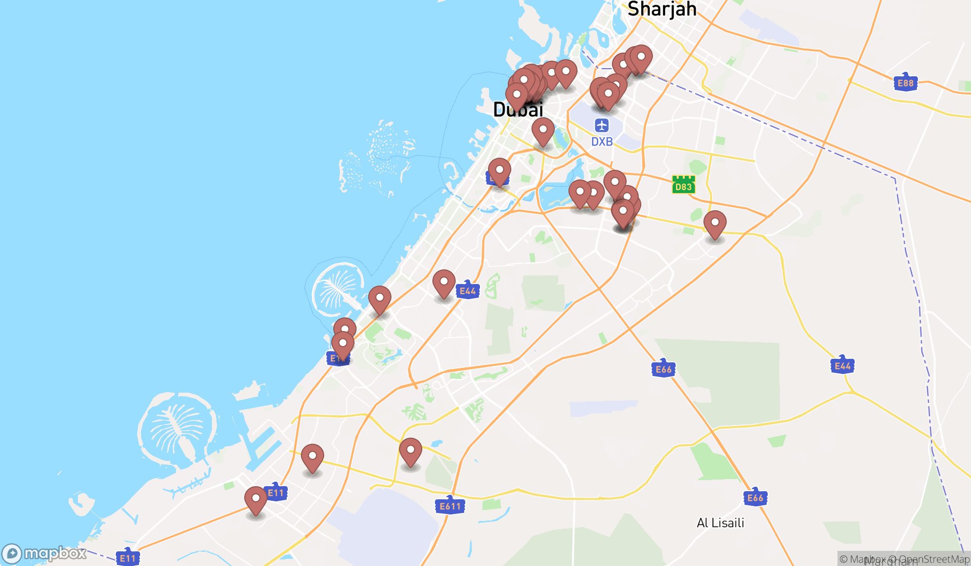 Map showing the search results in Dubai