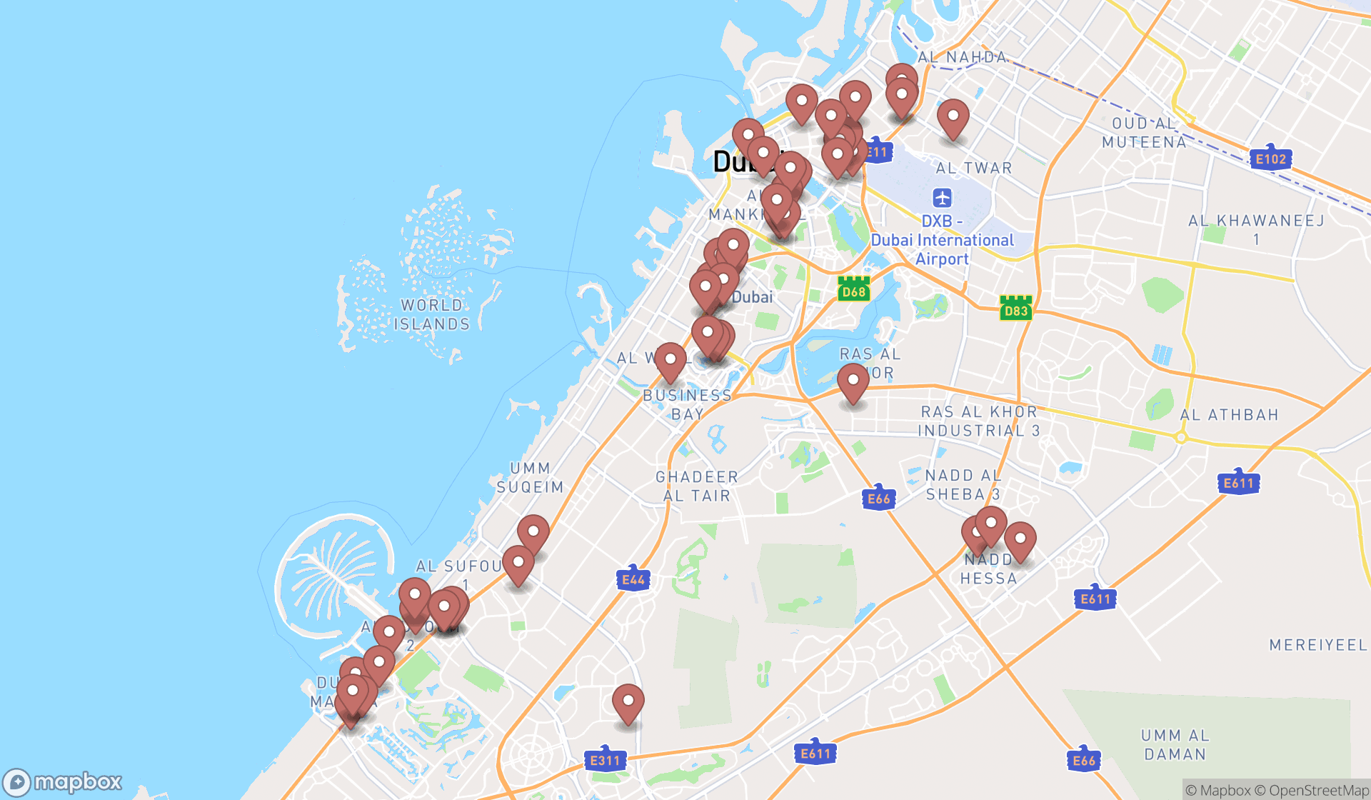 Map showing the search results in Dubai