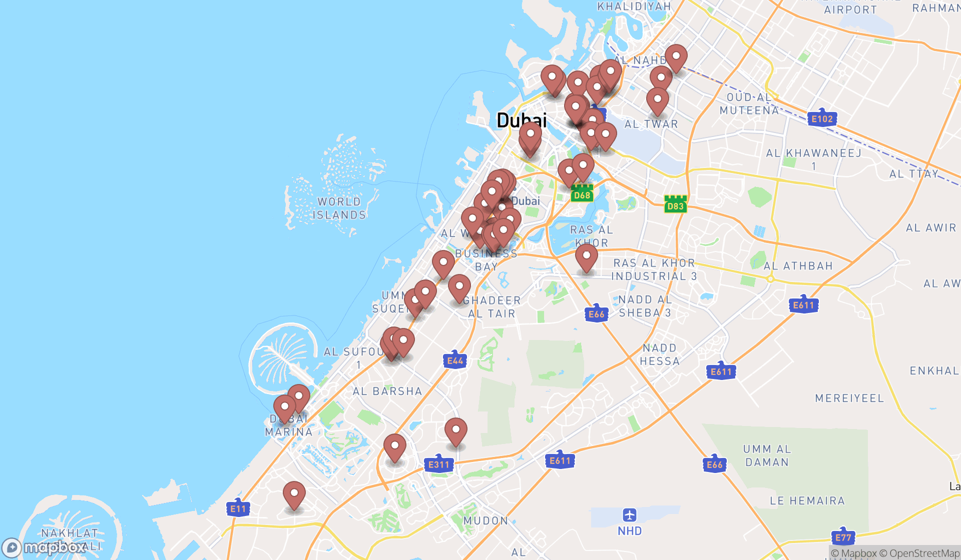 Map showing the search results in Dubai