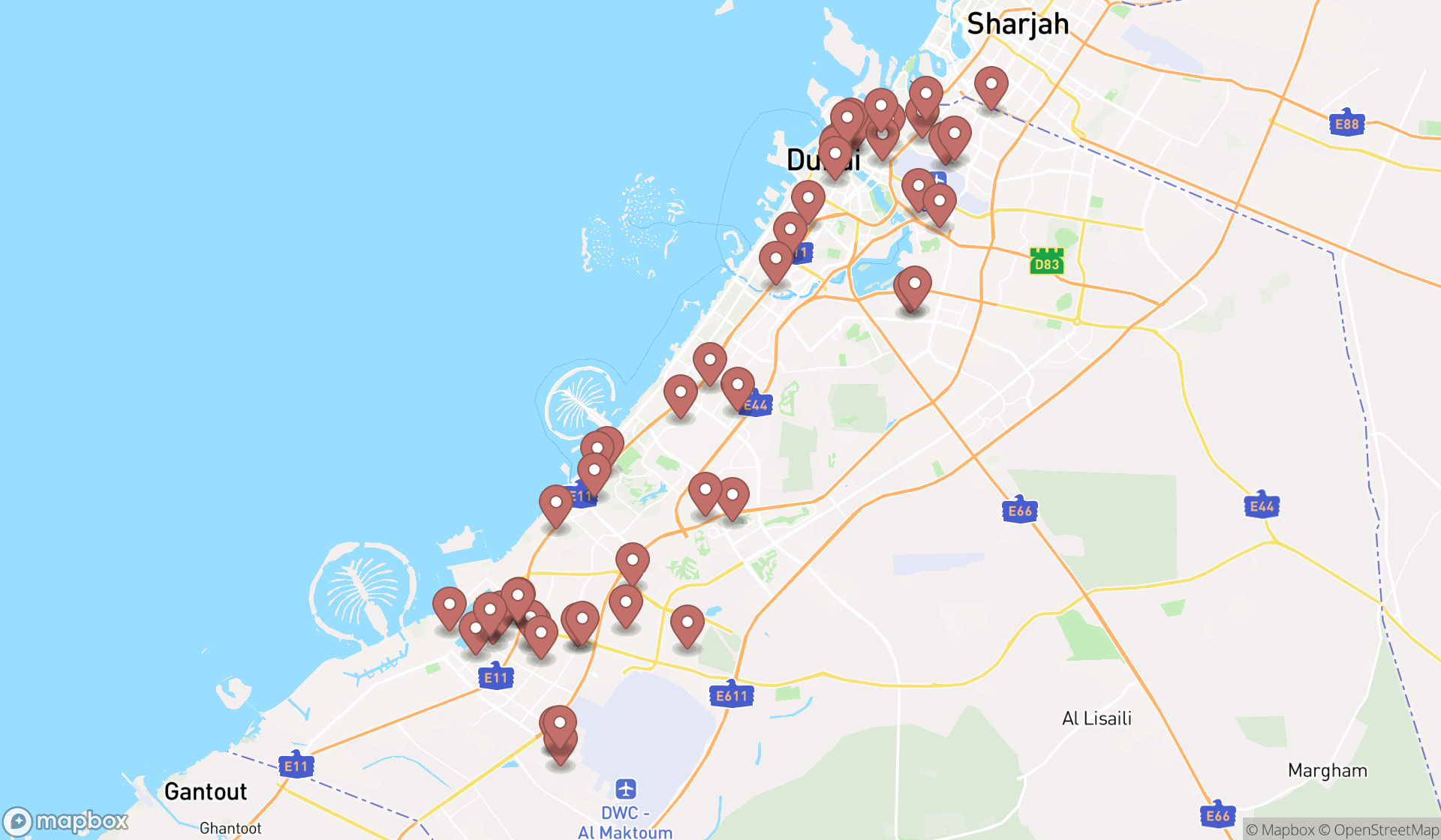 Map showing the search results in Dubai