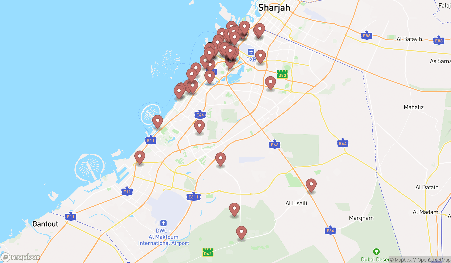 Map showing the search results in Dubai