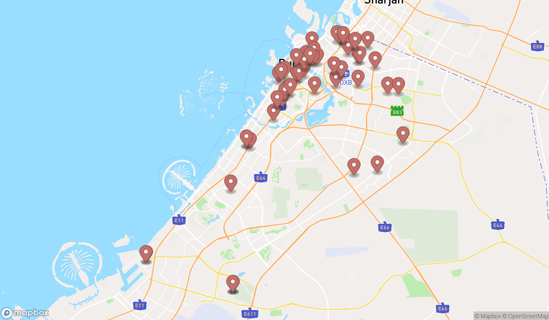 Map showing the search results in Dubai