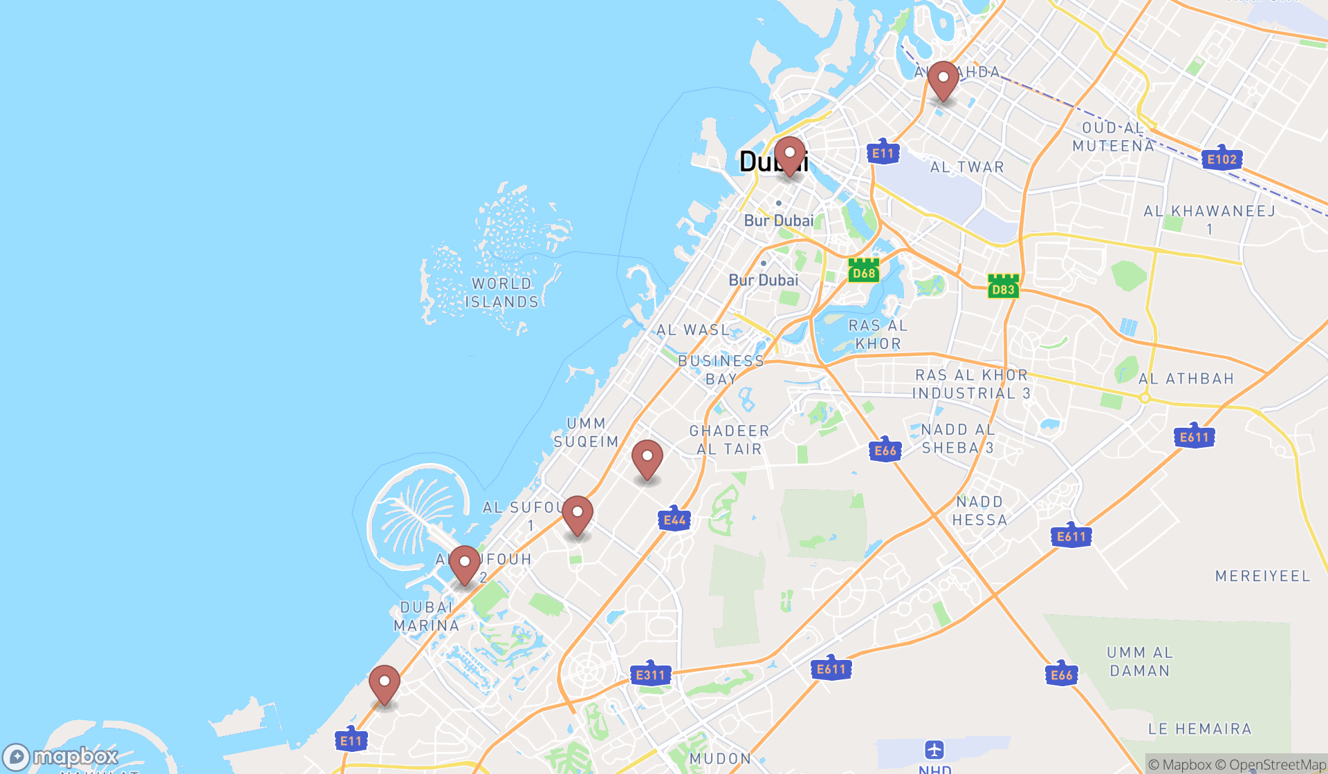 Map showing the search results in Dubai